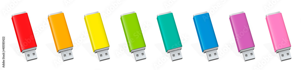 USB memory stick set, colorful pen drives. Red, orange, yellow, green,  cyan, blue, pink and purple USB flash drives. Isolated vector illustration  on white background. Stock Vector | Adobe Stock