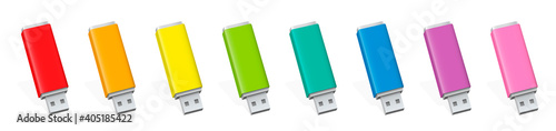 USB memory stick set, colorful pen drives. Red, orange, yellow, green, cyan, blue, pink and purple USB flash drives. Isolated vector illustration on white background.
