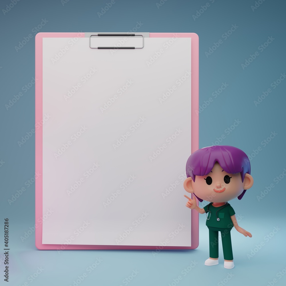 3D Rendering illustration of cute female doctor character, explaining, introducing, pointing at blank clipboard with copy space 3D Rendering illustration of cute female doctor character, explaining, introducing, pointing at blank clipboard with copy space