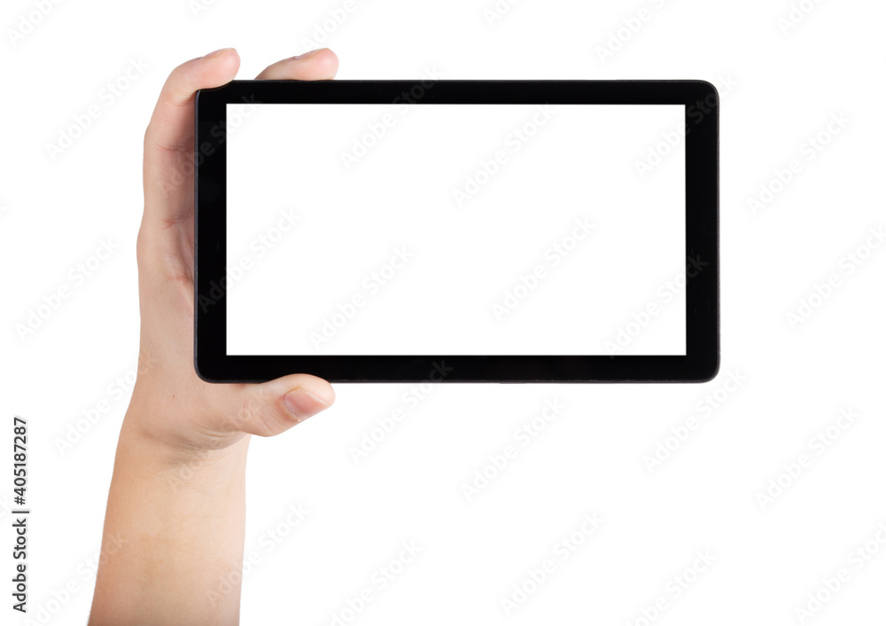Hands holding and point on digital tablet isolated in white background Hands holding and point on digital tablet isolated in white background