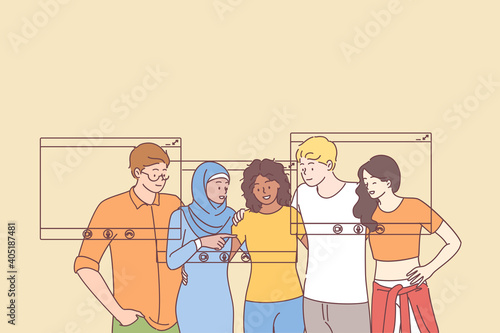 Online party and meeting, video calk concept. Group of young smiling multiethnic people friends or colleagues gathering together using video call technologies on smartphones vector illustration 