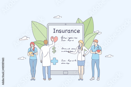 Health insurance online concept. Doctors medical worker cartoon characters standing near health Insurance contact on smartphone screen filling medical document form concept 