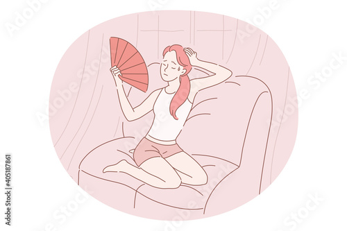 Suffering from heat concept. Young stressed girl cartoon character sitting with hand fan and suffering from incredible heat in room indoors vector illustration 