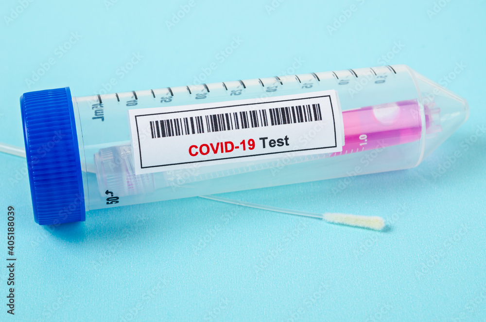 Fototapeta premium Tube containing nasopharyngeal swab for coronavirus or COVID-19 test.