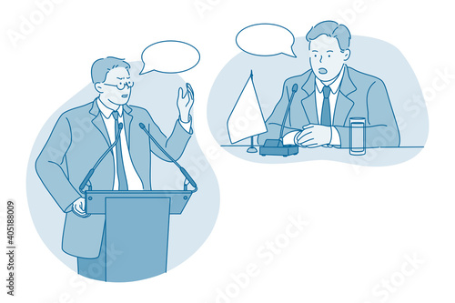 Politician, public speaker, orator concept. Serious young man congressman political candidate cartoon character standing on tribune making presentation for audience vector illustration 
