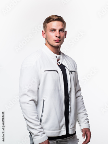 Fashion male model wear modern streetwear in casual style isolated on white, fashionable photo