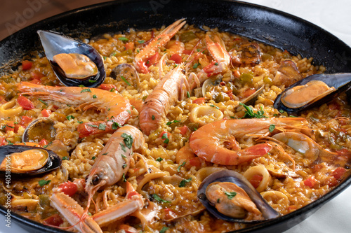 Spanish seafood Paella ,with crayfish, squid, mussel and prawn