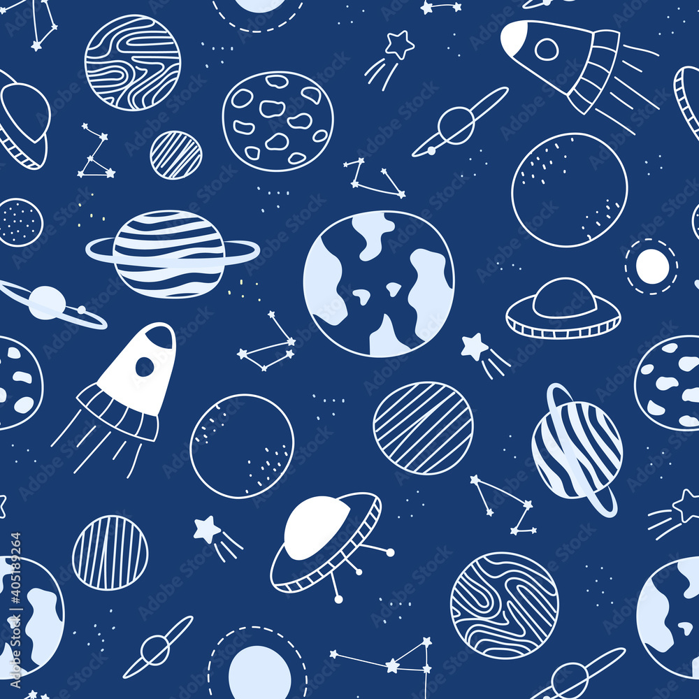 planets and stars in blue