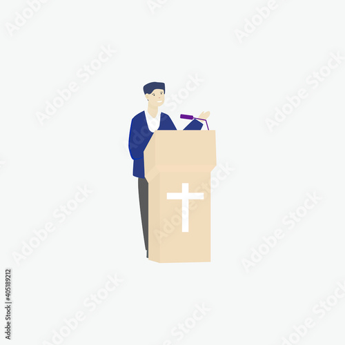 preacher, pastor behind the pulpit in the church  vector illustration
