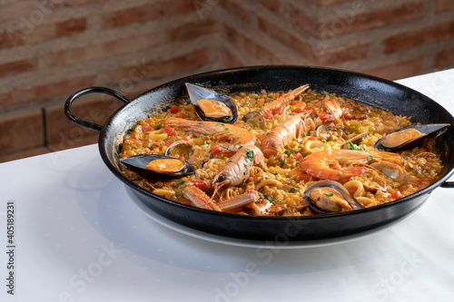 Spanish seafood Paella ,with crayfish, squid, mussel and prawn