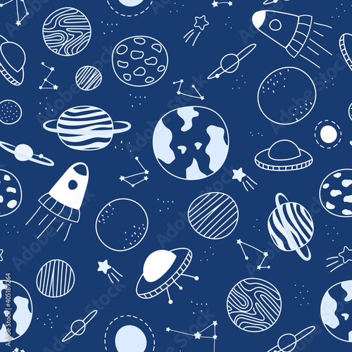 Vector seamless pattern on galaxy theme, space elements doodle on dark blue background, hand drawn planets, spaceships and comets, night sky, astronomical background for kids