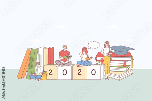 College education, student learning concept. Group of tong people students sitting on stack of books, learning, typing texts and thinking on 2020 cubes below vector illustration 