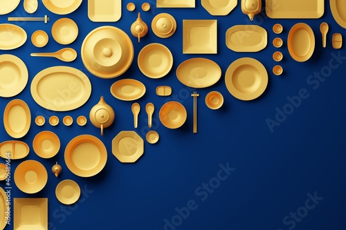 Chinese tableware bowl, cup, pot, teapot, chopstick, plate and dish 3D rendering multiple gold color, Food asian culture concept design on blue background with copy space