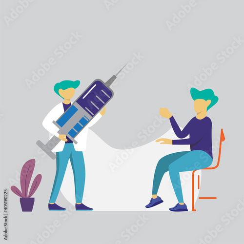 modern flat people character. The vaccinator is getting ready to vaccinate the patient, the doctor is carrying a big inject. ideal for websites, landing pages, UI, mobile applications, posters.