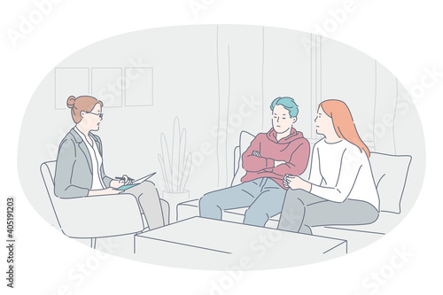 Psychologist and professional support concept. Young unhappy teem couple or woman with soon teenager sitting and listening to woman psychologist recommendations during visit vector illustration 
