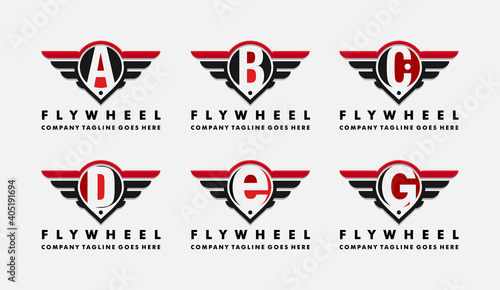 vector cars logo illustration. wheel and wings with letter A,B,C,D,E,F,G