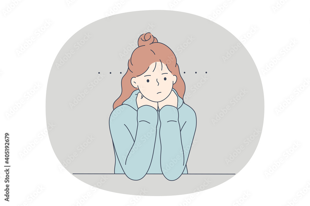 Boredom, laziness, negative emotions concept. Young frustrated stressed sad girl cartoon character sitting thinking and feeling unhappy with thoughts on mind vector illustration Stock Vector | Adobe Stock Boredom, laziness, negative emotions concept. Young frustrated stressed sad girl cartoon character sitting thinking and feeling unhappy with thoughts on mind vector illustration Stock Vector | Adobe Stock