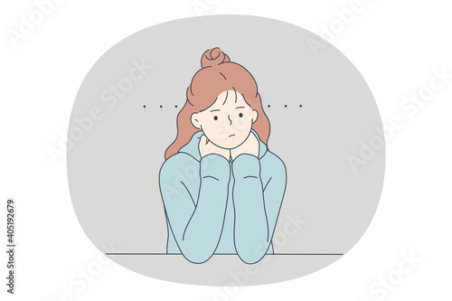 Boredom, laziness, negative emotions concept. Young frustrated stressed sad girl cartoon character sitting thinking and feeling unhappy with thoughts on mind vector illustration