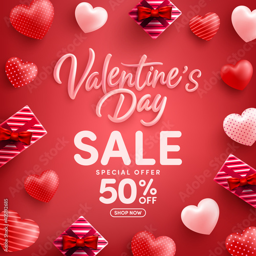 Valentine's Day Sale 50% off Poster or banner with many sweet hearts and gift box on red background.Promotion and shopping template or background for Love and Valentine's day concept.
