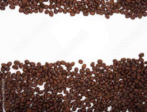 Coffee beans on a white background with copy space