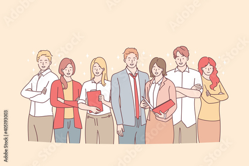 Business team, brainstorm, cooperation concept. Group of young smiling business workers standing with documents in team together in office and looking at camera vector illustration 