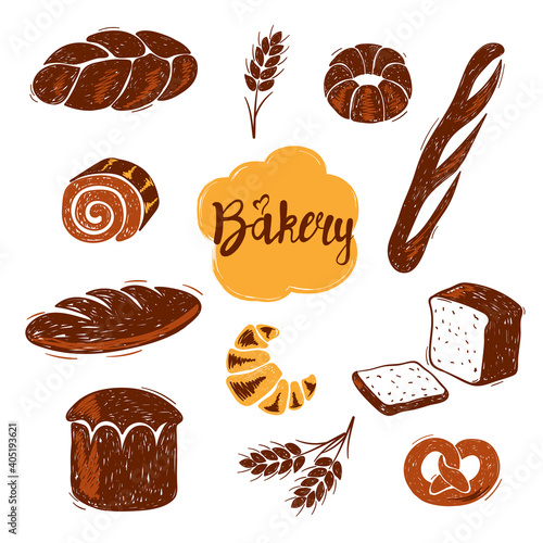 Hand drawn doodle bakery set. Different kinds of bread vector illustration.