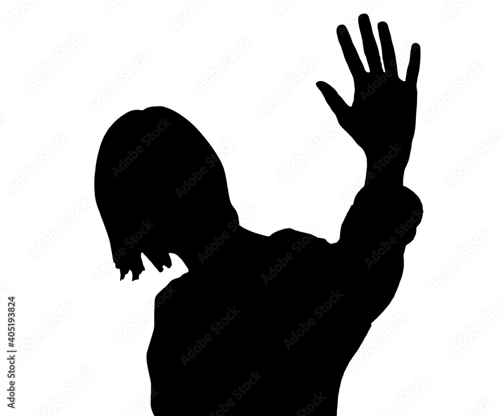 Black female silhouette wearing facial mask showing raised open palm. as a symbol of consent or support, a symbol of voting, a symbol of elections, a sign of well-being Black female silhouette wearing facial mask showing raised open palm. as a symbol of consent or support, a symbol of voting, a symbol of elections, a sign of well-being