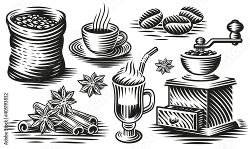 A bundle of black and white vector illustration for a coffee theme in engraving style.