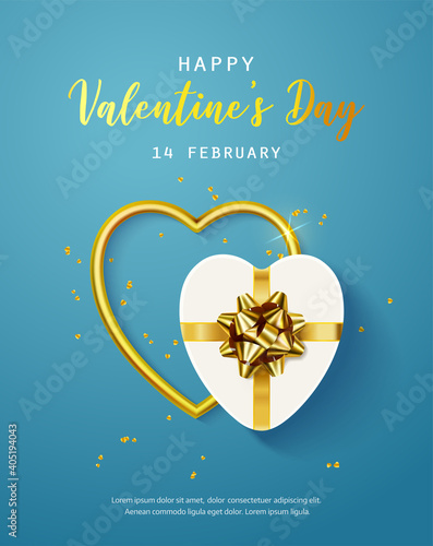 Happy Valentine's Day Banner, flyer, poster, greeting card with realistic design elements, gift box, metal hearts, strewn with confetti. Romantic background