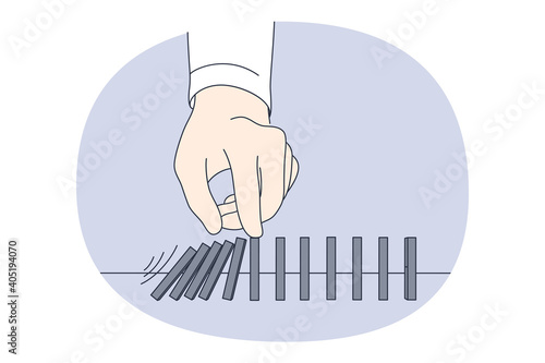 Opportunity, danger, challenge concept. Hands of businessman trying to stop falling dominos figures in middle vector illustration. Risk falling competition