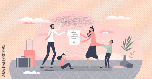 Family quarrel and divorce conflict involving children tiny person concept