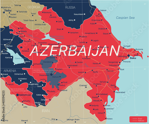 Azerbaijan country detailed editable map with cities and towns, roads and railways. Vector EPS-10 file