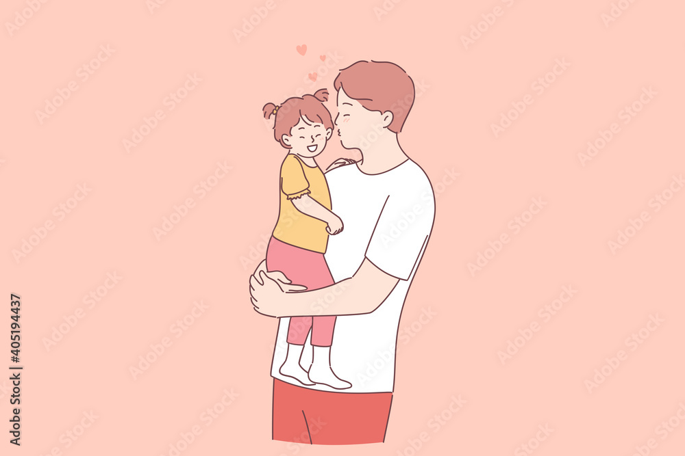 Happy father and daughter concept. Young positive father cartoon character holding little daughter on hands and kissing her with love and tender vector illustration Happy father and daughter concept. Young positive father cartoon character holding little daughter on hands and kissing her with love and tender vector illustration