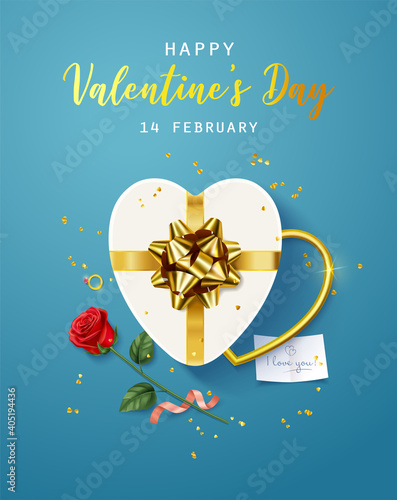 Happy Valentine's Day. Banner, flyer, poster, greeting card with realistic design elements, gift box, metal hearts,rose, strewn with confetti. Romantic background