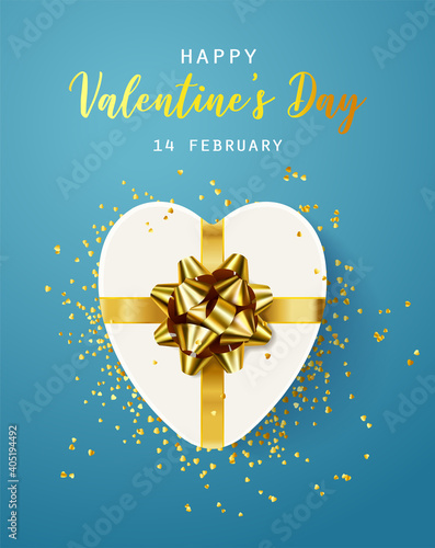 Happy Valentine's Day. flyer, poster, greeting card with realistic gift heart shaped gift box with golden bow, strewn with confetti. Romantic background