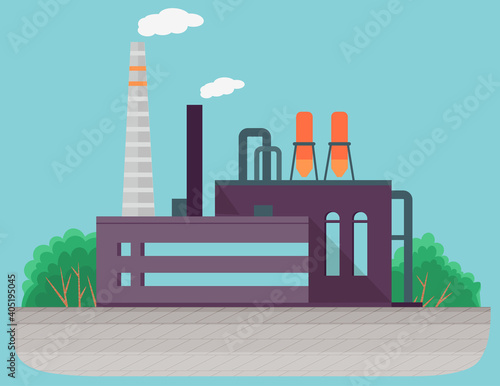 Energy production industry. Vector illustration of thermal power station for production of electrical energy with chimneys industrial buildings. Industrial plant on nature background with trees