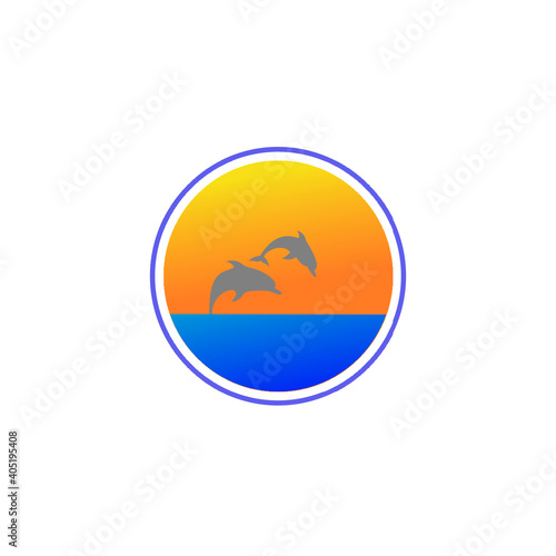Silhouette of two dolphins jumping out of water in the ocean.