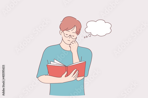 Reading, concentration, hobby concept. Portrait of young serous man cartoon character standing with book in hands and reading with many thoughts in head touching chin vector illustration 