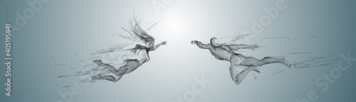 Sport concept of a flying people. Vector drawn by graphic lines