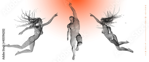 Sport concept of a flying people. Vector drawn by graphic lines