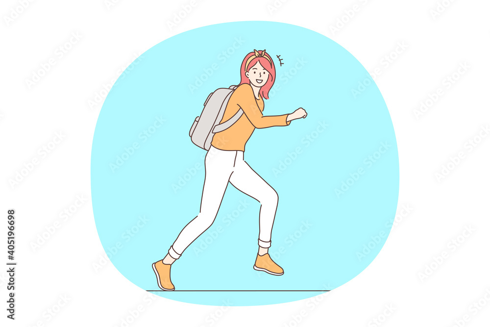 Hurrying up and running concept. Young smiling girl cartoon character with backpack running to meeting and trying not to be late. Motion schedule illustration