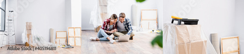 Εκτύπωση καμβά collage of smiling couple looking at laptop, paint roller and tray, pictures, la