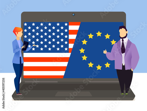 Colleagues talk to each other on the computer screen. Conference video call, working from home. Negotiations between the representative of America and Europe. Laptop on the table vector illustration