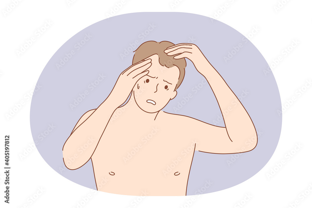 Suffering from pain in muscles, joints, losing hair concept. Young unhappy frustrated man cartoon character standing and touching head, feeling headache or suffering from losing hair Suffering from pain in muscles, joints, losing hair concept. Young unhappy frustrated man cartoon character standing and touching head, feeling headache or suffering from losing hair