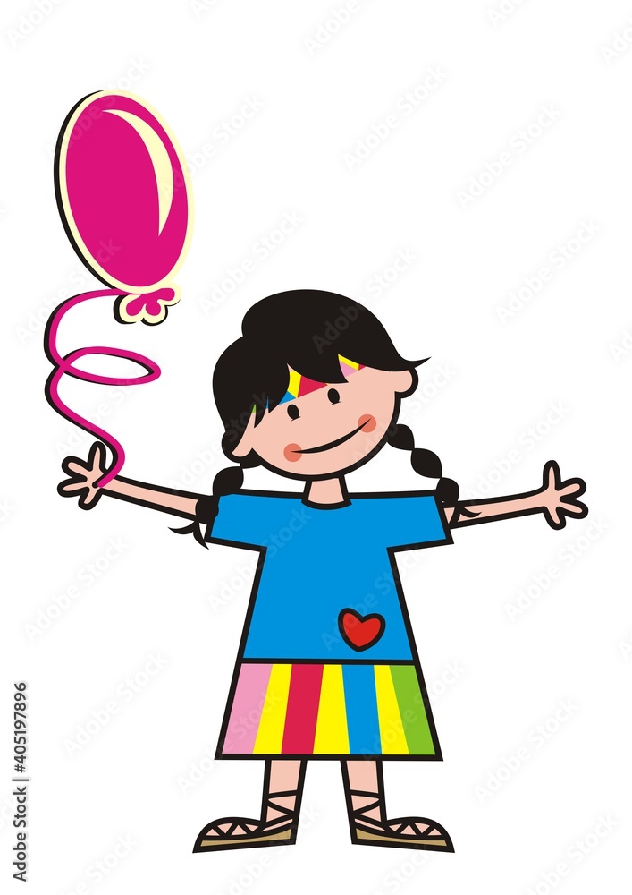 Girl with purple balloon, funny vector illustration. Smiling kid holds balloon. Girl with purple balloon, funny vector illustration. Smiling kid holds balloon.