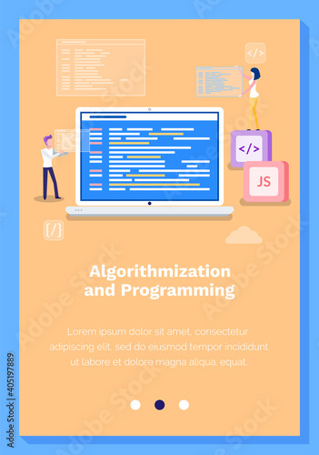 Algorithmization and programming vector illustration. Website landing page template concept. People work with developing the site and completing tasks. Coworkers discuss startup of business on screen photo