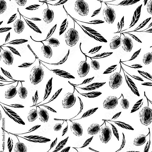 Kalamata olives sketch. Drawn seamless pattern