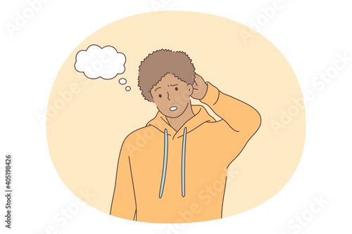 Doubt, stress, confusion concept. Young man touching head and thinking feeling unable to decide standing feeling unsure and lack of self confidence vector illustration