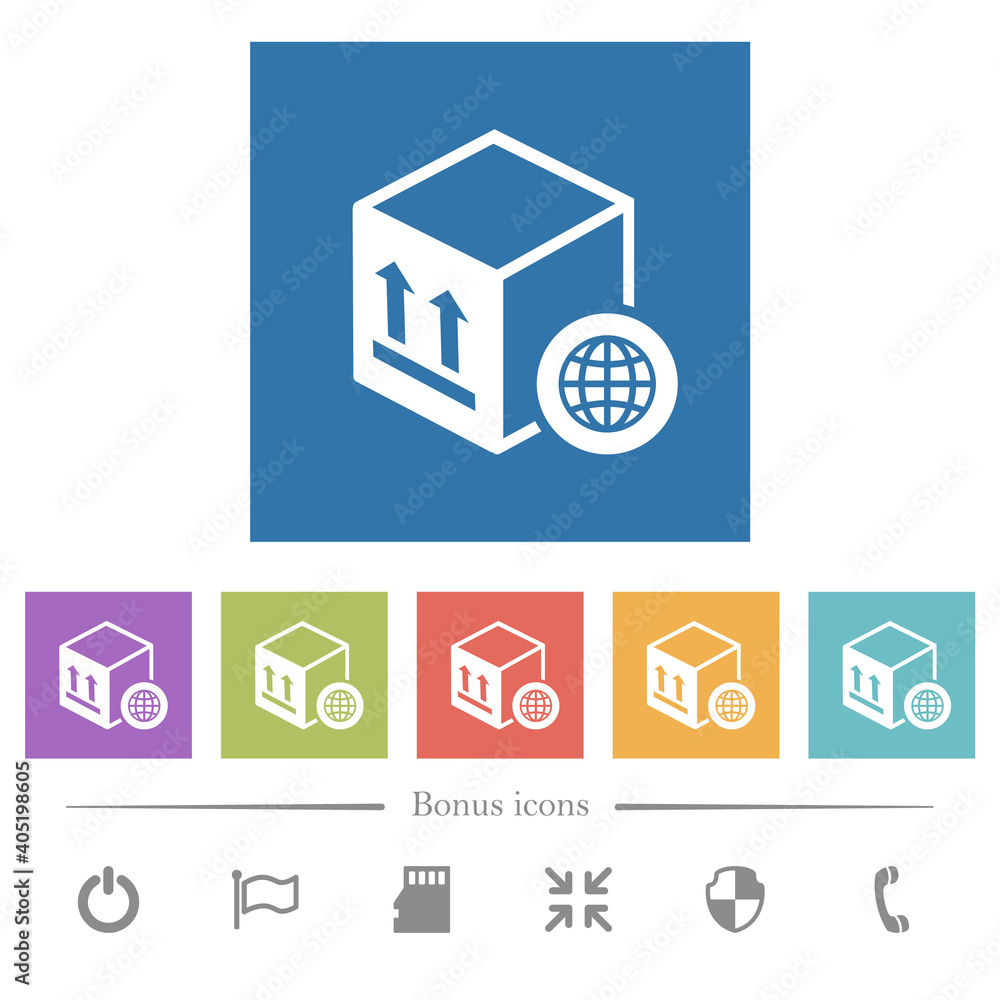 Worldwide package transportation flat white icons in square backgrounds Worldwide package transportation flat white icons in square backgrounds