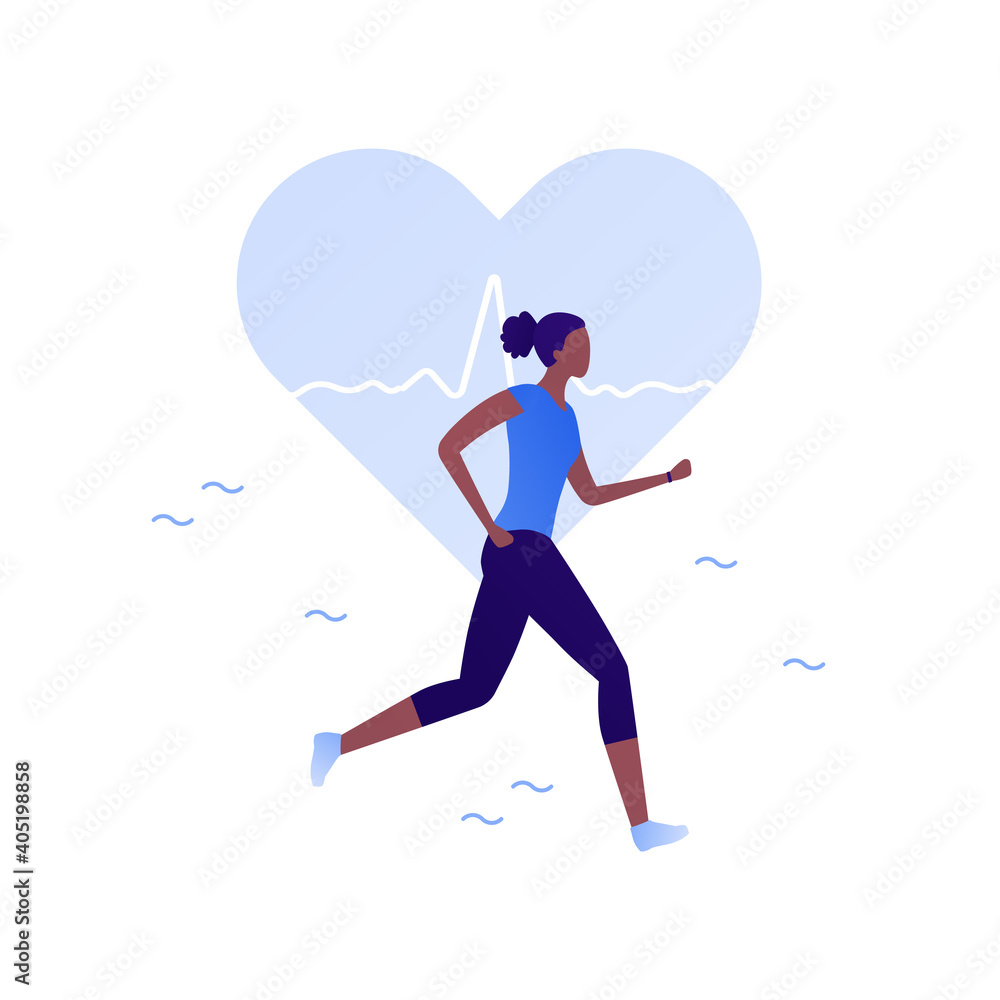 Run exercise workout concept. Vector flat illustration. Young african american female runner in sport training outfit. Heart shape with heartbeat symbol. Healthy lifestyle.